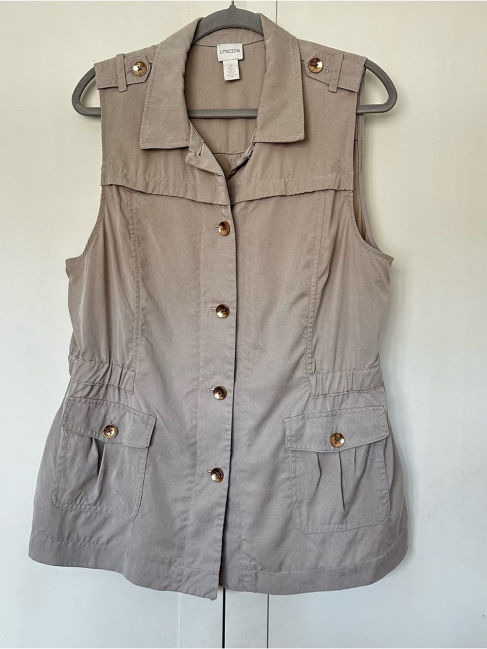 Chico’s Utility Cargo Vest Khaki Size 2 Adjustable Tie Waist